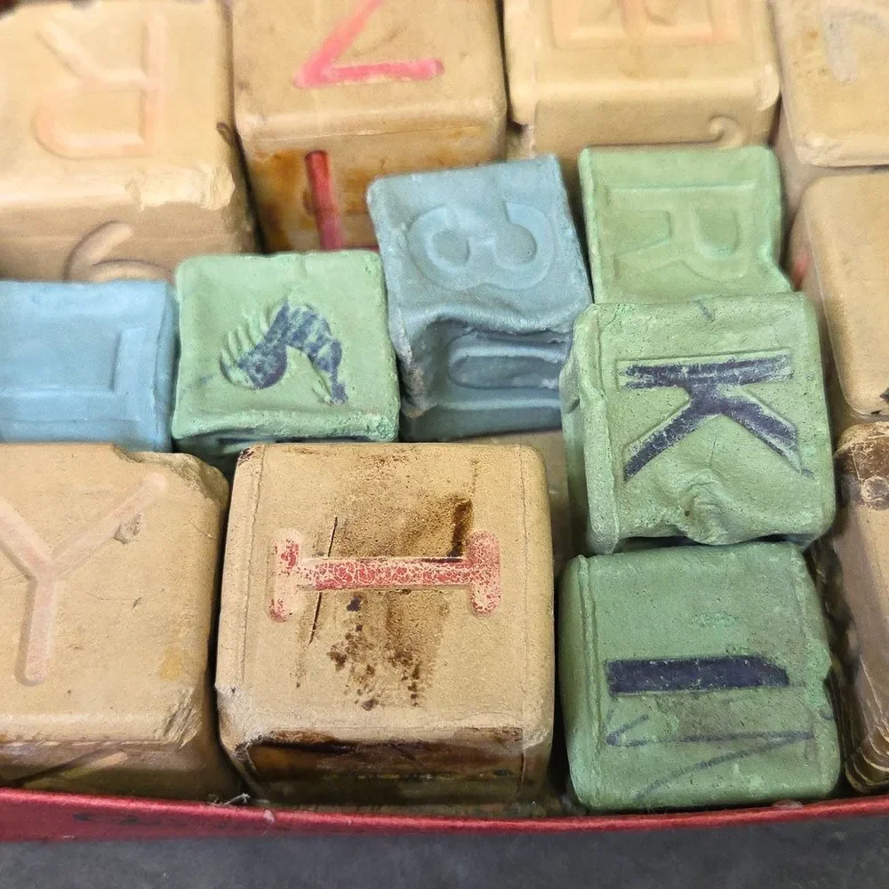Lot of Vintage wood and rubber‎ letter blocks 27 Blocks